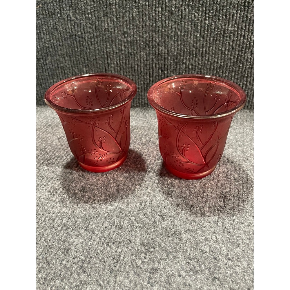 PartyLite Berry Sprig Votive Pair P8727 Red  Glass Candle Holders Set of 2